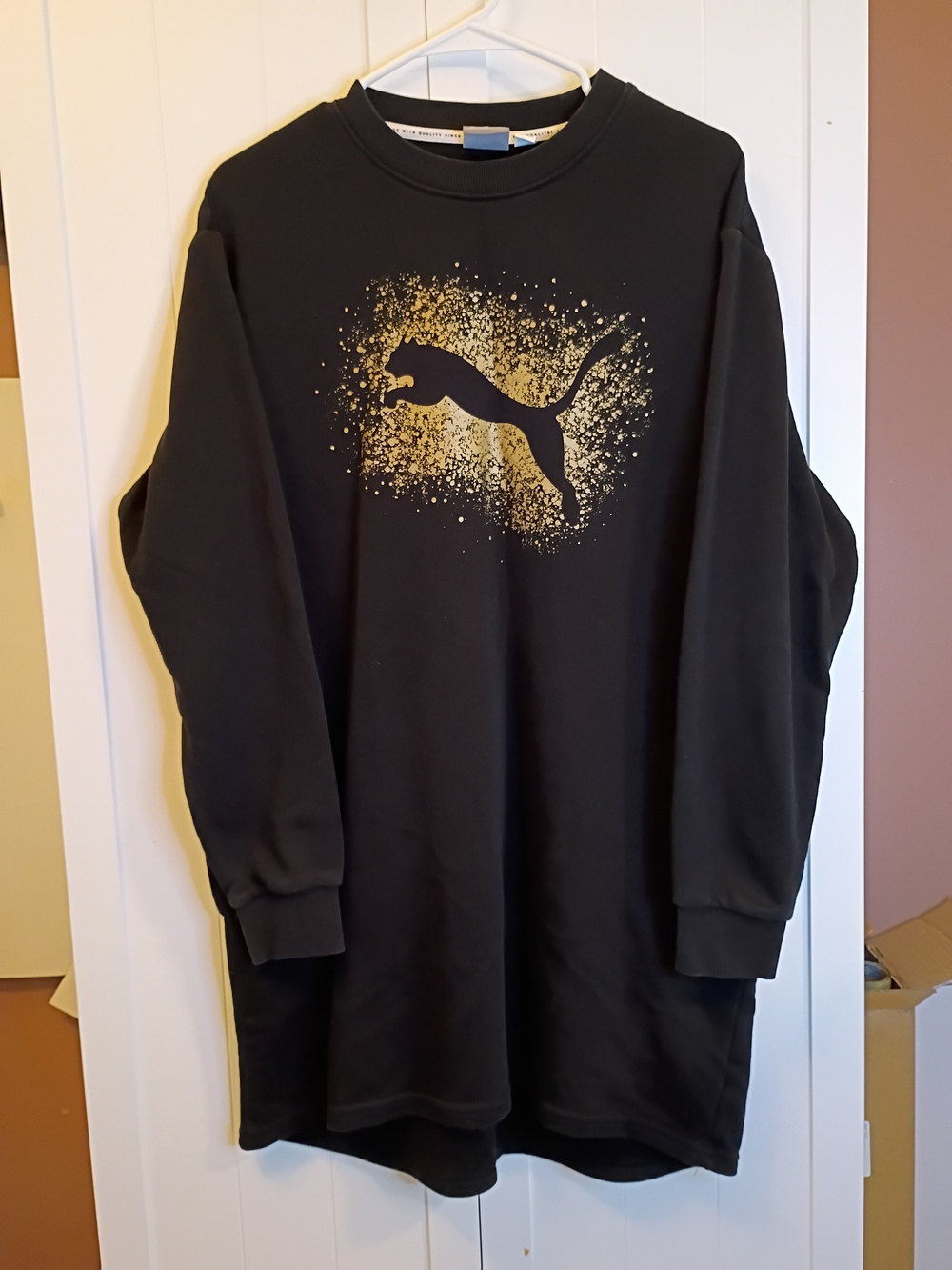 Puma Women's s Black Crewneck Sweatshirt Dress with Gold Logo